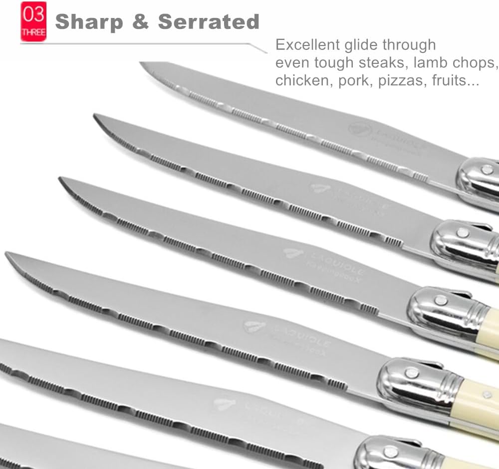 ® Laguiol-style Steak Knife, Ivory Handle, Serrated Blade, Stainless Steel Dinnerware/Tableware/Flatware/Cutlery Set of 6, Gift Box, Reputable Global Manufacturer with Certificate