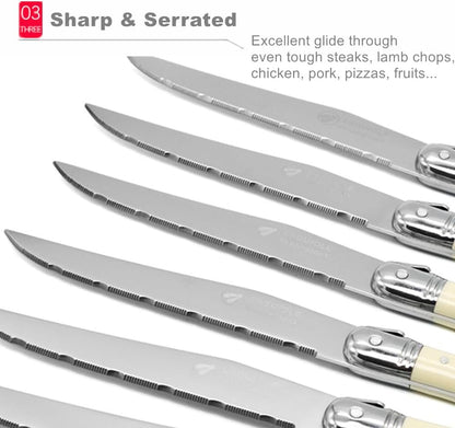 ® Laguiol-style Steak Knife, Ivory Handle, Serrated Blade, Stainless Steel Dinnerware/Tableware/Flatware/Cutlery Set of 6, Gift Box, Reputable Global Manufacturer with Certificate