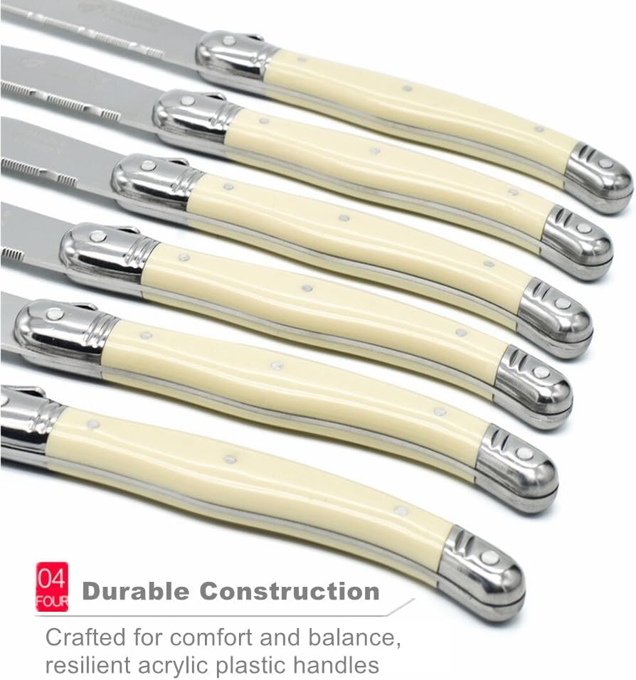 ® Laguiol-style Steak Knife, Ivory Handle, Serrated Blade, Stainless Steel Dinnerware/Tableware/Flatware/Cutlery Set of 6, Gift Box, Reputable Global Manufacturer with Certificate