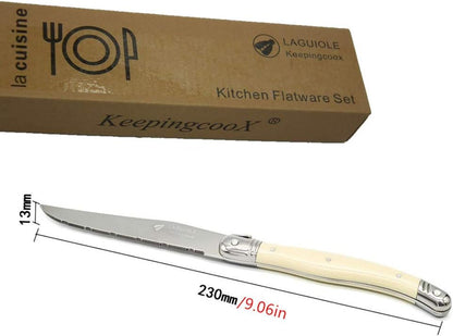 ® Laguiol-style Steak Knife, Ivory Handle, Serrated Blade, Stainless Steel Dinnerware/Tableware/Flatware/Cutlery Set of 6, Gift Box, Reputable Global Manufacturer with Certificate