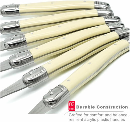 ® Laguiol-style Steak Knife, Ivory Handle, Serrated Blade, Stainless Steel Dinnerware/Tableware/Flatware/Cutlery Set of 6, Gift Box, Reputable Global Manufacturer with Certificate