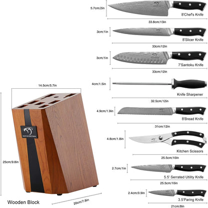 Knife Sets for Kitchen with Block, Damasucs Kitchen Knife Sets 9 Pieces with Ergonomic Triple Rivet Handle, Kitchen Knives for Chopping, Slicing, Dicing & Cutting