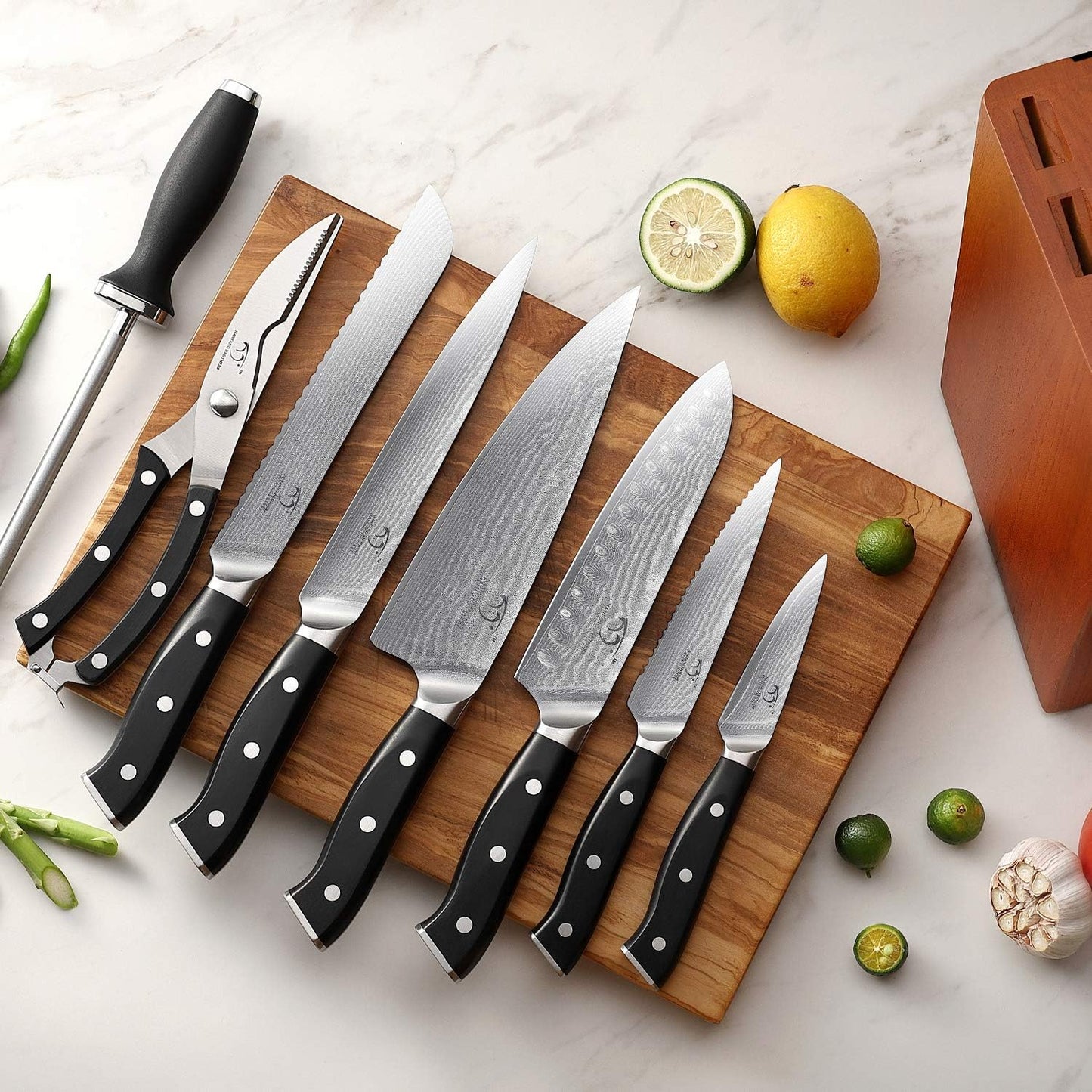 Knife Sets for Kitchen with Block, Damasucs Kitchen Knife Sets 9 Pieces with Ergonomic Triple Rivet Handle, Kitchen Knives for Chopping, Slicing, Dicing & Cutting