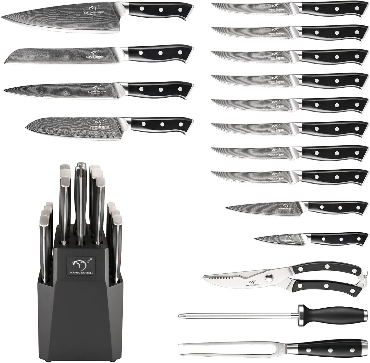 Knife Sets for Kitchen with Block, Damasucs Kitchen Knife Sets 9 Pieces with Ergonomic Triple Rivet Handle, Kitchen Knives for Chopping, Slicing, Dicing & Cutting