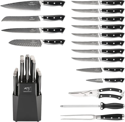 Knife Sets for Kitchen with Block, Damasucs Kitchen Knife Sets 9 Pieces with Ergonomic Triple Rivet Handle, Kitchen Knives for Chopping, Slicing, Dicing & Cutting