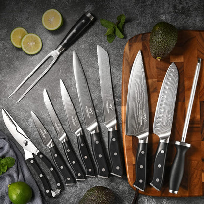 Knife Sets for Kitchen with Block, Damasucs Kitchen Knife Sets 9 Pieces with Ergonomic Triple Rivet Handle, Kitchen Knives for Chopping, Slicing, Dicing & Cutting