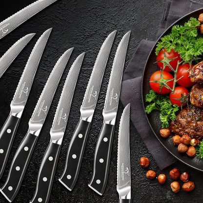 Knife Sets for Kitchen with Block, Damasucs Kitchen Knife Sets 9 Pieces with Ergonomic Triple Rivet Handle, Kitchen Knives for Chopping, Slicing, Dicing & Cutting