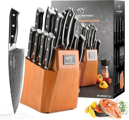 Knife Sets for Kitchen with Block, Damasucs Kitchen Knife Sets 9 Pieces with Ergonomic Triple Rivet Handle, Kitchen Knives for Chopping, Slicing, Dicing & Cutting