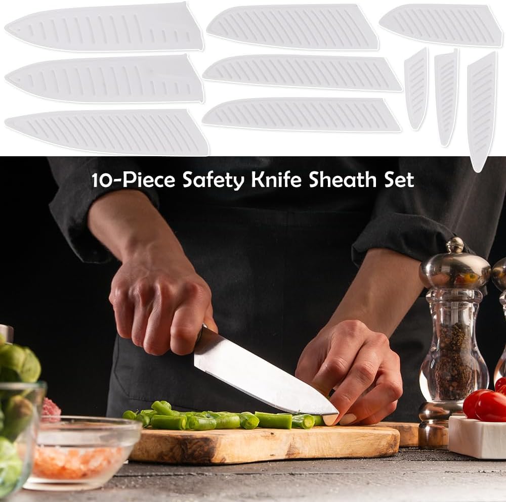 Safety Knife Cover Sleeves, 10 Pack Universal Knife Guards Set, Knife Edge Guards Blade for Ceramic Knife Kitchen Paring Knife Bread Knife, Kitchen Knife Sheath, 5 Sizes, 8 Styles, White