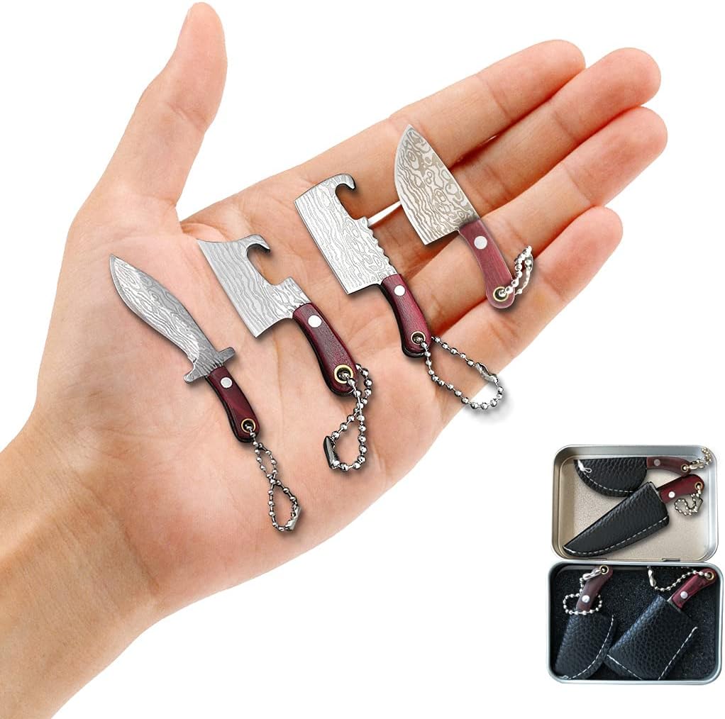 Damascus Mini Chef Knife Set with Sheath, Tiny EDC Knives, Package Opener, Box Cutter, Keychain, Pocket Knife Sharpener - Set of 7