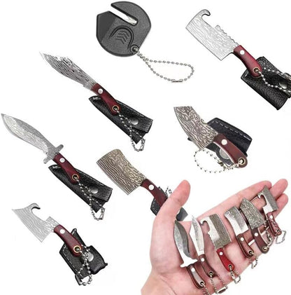 Damascus Mini Chef Knife Set with Sheath, Tiny EDC Knives, Package Opener, Box Cutter, Keychain, Pocket Knife Sharpener - Set of 7