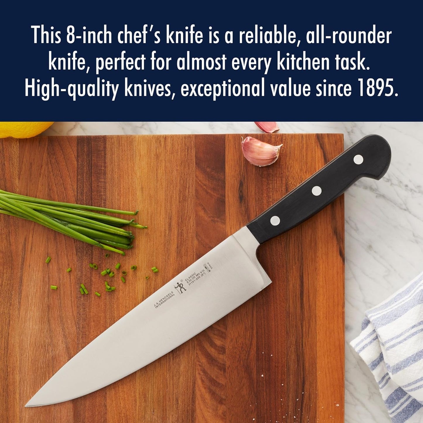 Classic 8-Inch Chef Knife, Razor-Sharp, German Engineered | Fully Forged Construction Provides Balance with Traditional Triple-Rivet Handles Enables Comfortable Easy Cutting.