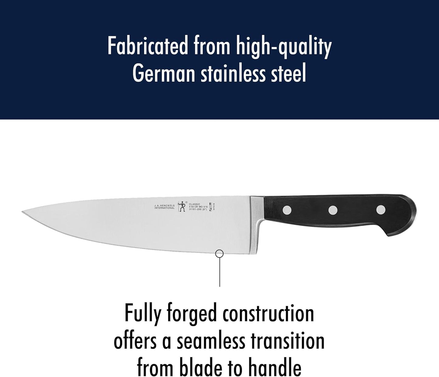 Classic 8-Inch Chef Knife, Razor-Sharp, German Engineered | Fully Forged Construction Provides Balance with Traditional Triple-Rivet Handles Enables Comfortable Easy Cutting.