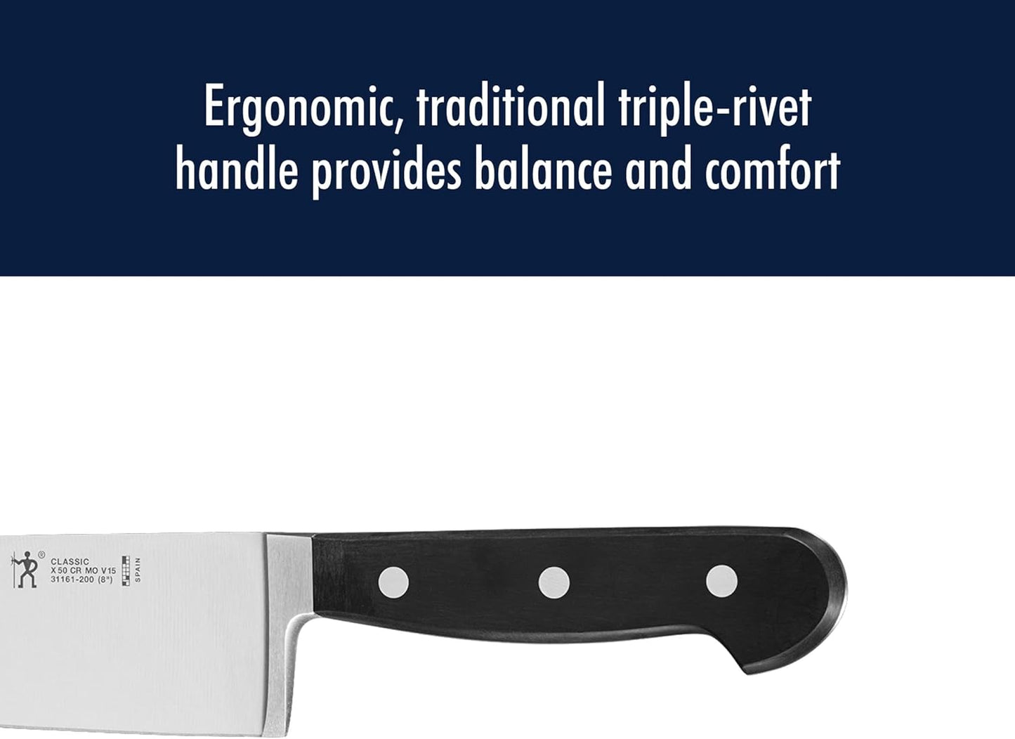 Classic 8-Inch Chef Knife, Razor-Sharp, German Engineered | Fully Forged Construction Provides Balance with Traditional Triple-Rivet Handles Enables Comfortable Easy Cutting.