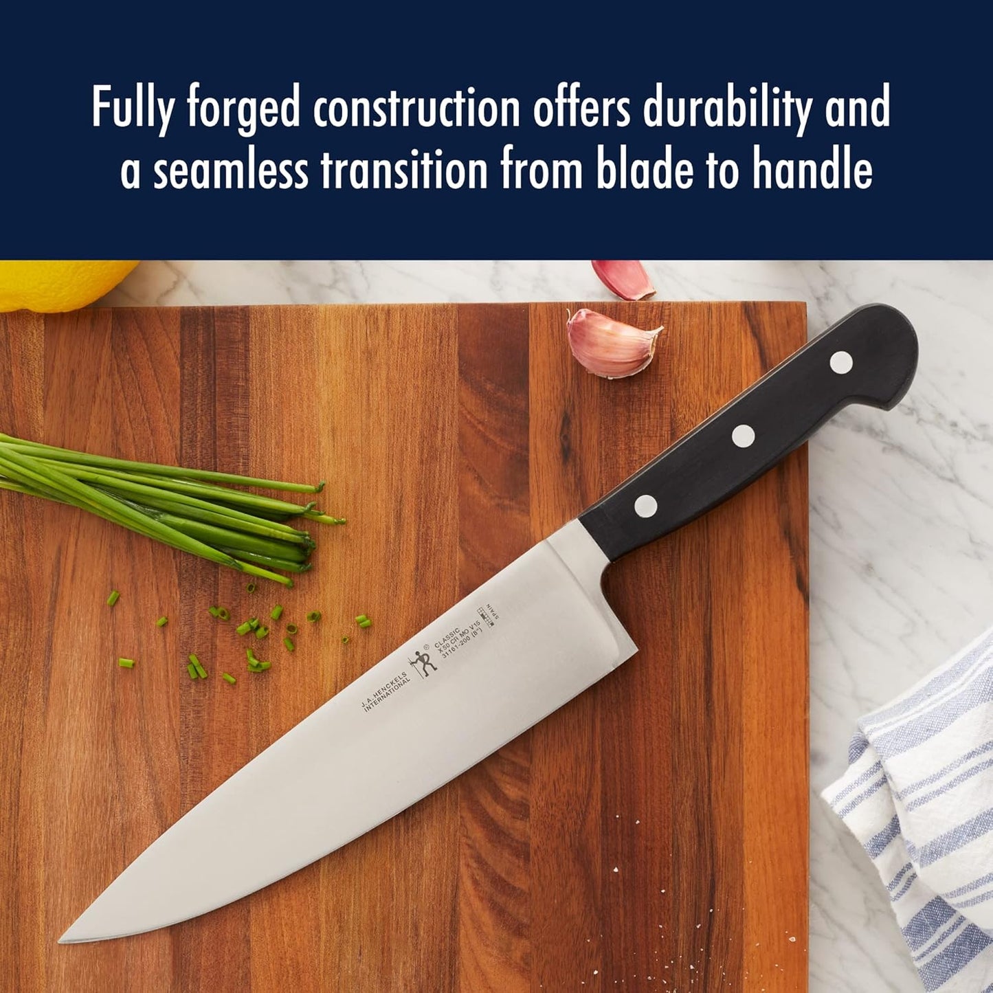 Classic 8-Inch Chef Knife, Razor-Sharp, German Engineered | Fully Forged Construction Provides Balance with Traditional Triple-Rivet Handles Enables Comfortable Easy Cutting.