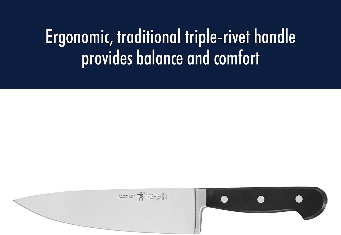 Classic 8-Inch Chef Knife, Razor-Sharp, German Engineered | Fully Forged Construction Provides Balance with Traditional Triple-Rivet Handles Enables Comfortable Easy Cutting.