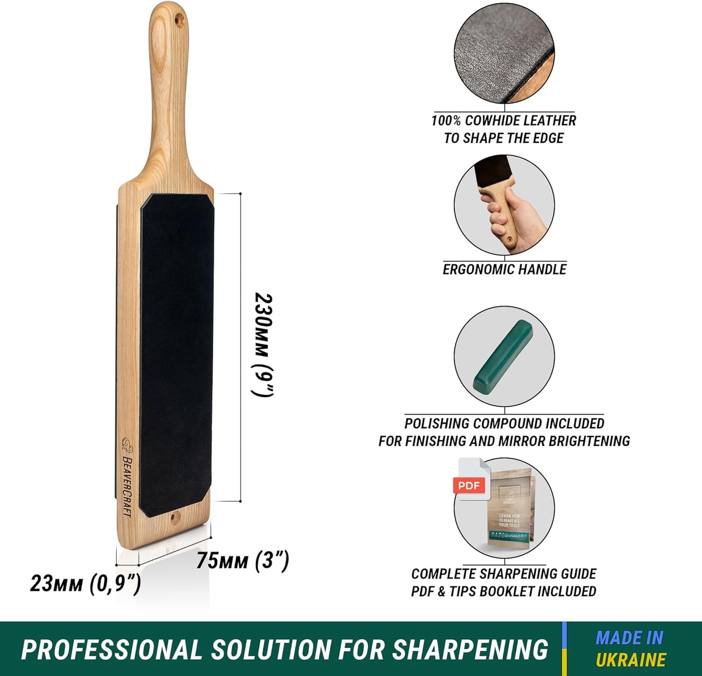 Leather Strop Kit for Knife Sharpening 15.2" - Leather Knife Strop with Polishing Compound - Stropping Kit Double Sided LS1P1, Razor Sharpener for Knives, Chisels - eBook Guide Included