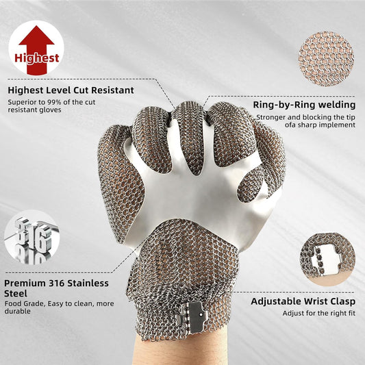 A9 Cut Resistant Metal Mesh Chainmail Glove, PM5201, 1 Pack, M | 316L Stainless Steel, Food Grade, Adjustable Wrist Clasp, Butcher Glove, Meat Cutting, Food Processing, Oyster Shucking
