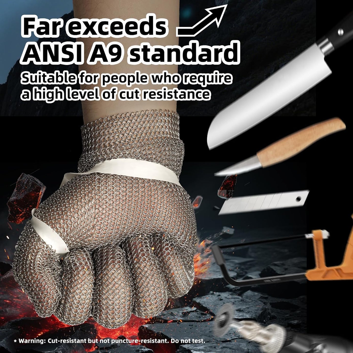 A9 Cut Resistant Metal Mesh Chainmail Glove, PM5201, 1 Pack, M | 316L Stainless Steel, Food Grade, Adjustable Wrist Clasp, Butcher Glove, Meat Cutting, Food Processing, Oyster Shucking