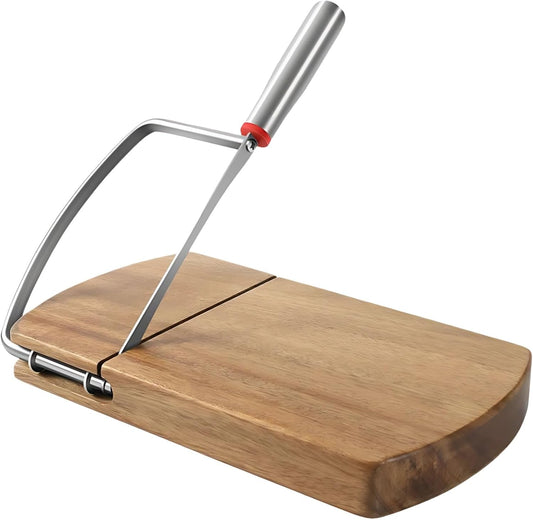 Acacia Wooden Cheese Slicer for Block Cheese, Quality Metal Wire Cutter with Comfortable Handle, Anti-Slip Base, Multi-Purpose Kitchen Tool for Cheese, Ham, and Fruits, Comes in Gift Box