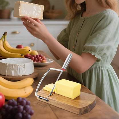 Acacia Wooden Cheese Slicer for Block Cheese, Quality Metal Wire Cutter with Comfortable Handle, Anti-Slip Base, Multi-Purpose Kitchen Tool for Cheese, Ham, and Fruits, Comes in Gift Box