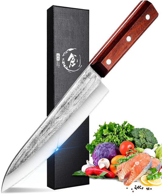TOMBRO High Carbon Steel Gyuto Japanese Kitchen Knife,Hand Forged Chefs Knives with Rosewood Handle for Meat Vegetables Cutting in Home and Restaurant