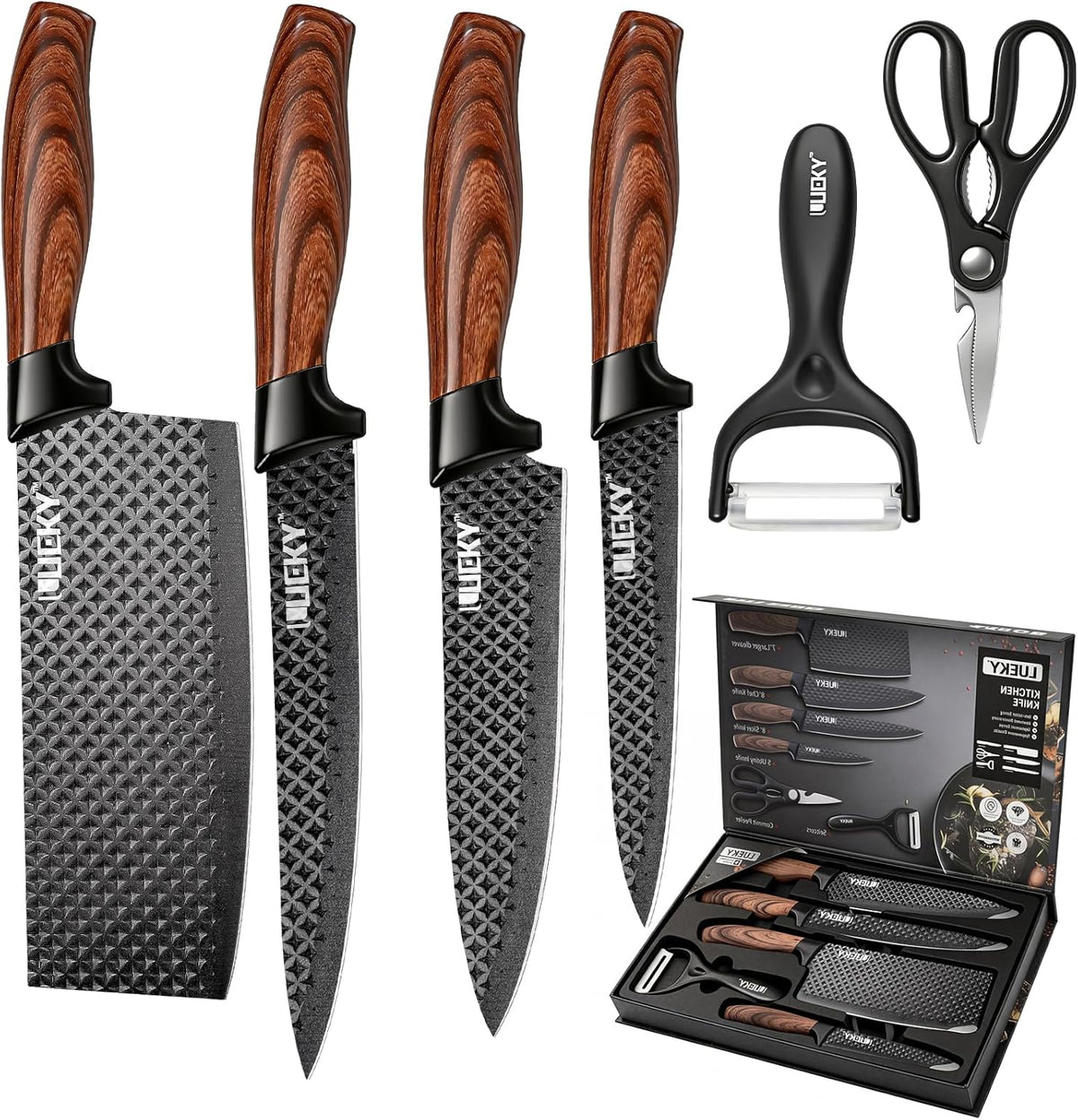 Knife Set, 6 Pieces Kitchen knife Set with Healthy Anti-Rust Coating, Stainless Steel Professional Chef Knife Sets with Elegant Box, Kitchen Knives with Scissors & Peeler for Cooking, Dishwasher Safe