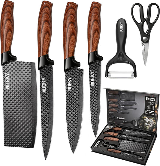 Knife Set, 6 Pieces Kitchen knife Set with Healthy Anti-Rust Coating, Stainless Steel Professional Chef Knife Sets with Elegant Box, Kitchen Knives with Scissors & Peeler for Cooking, Dishwasher Safe