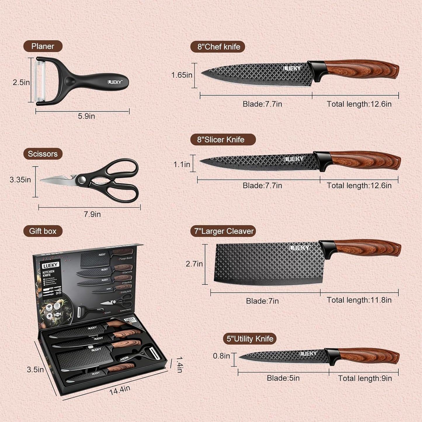 Knife Set, 6 Pieces Kitchen knife Set with Healthy Anti-Rust Coating, Stainless Steel Professional Chef Knife Sets with Elegant Box, Kitchen Knives with Scissors & Peeler for Cooking, Dishwasher Safe
