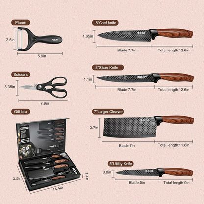 Knife Set, 6 Pieces Kitchen knife Set with Healthy Anti-Rust Coating, Stainless Steel Professional Chef Knife Sets with Elegant Box, Kitchen Knives with Scissors & Peeler for Cooking, Dishwasher Safe