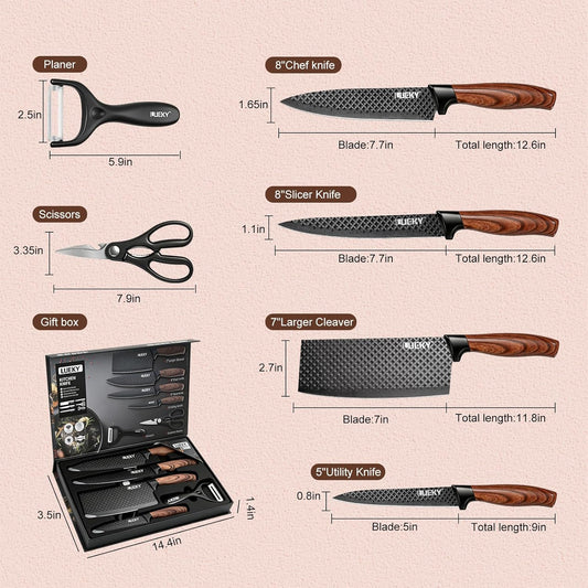 Knife Set, 6 Pieces Kitchen knife Set with Healthy Anti-Rust Coating, Stainless Steel Professional Chef Knife Sets with Elegant Box, Kitchen Knives with Scissors & Peeler for Cooking, Dishwasher Safe