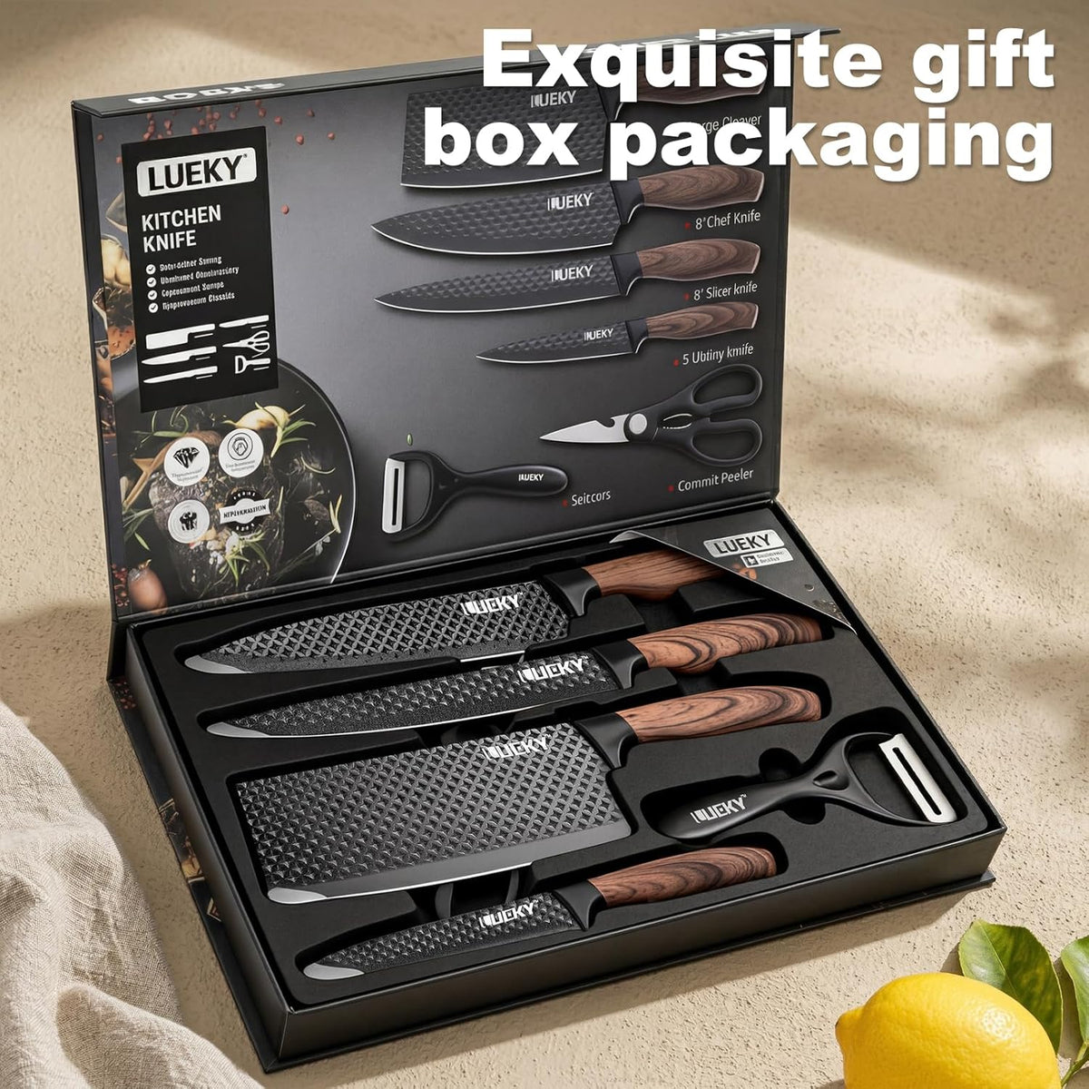 Knife Set, 6 Pieces Kitchen knife Set with Healthy Anti-Rust Coating, Stainless Steel Professional Chef Knife Sets with Elegant Box, Kitchen Knives with Scissors & Peeler for Cooking, Dishwasher Safe