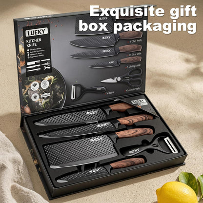 Knife Set, 6 Pieces Kitchen knife Set with Healthy Anti-Rust Coating, Stainless Steel Professional Chef Knife Sets with Elegant Box, Kitchen Knives with Scissors & Peeler for Cooking, Dishwasher Safe