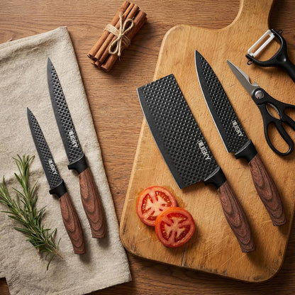 Knife Set, 6 Pieces Kitchen knife Set with Healthy Anti-Rust Coating, Stainless Steel Professional Chef Knife Sets with Elegant Box, Kitchen Knives with Scissors & Peeler for Cooking, Dishwasher Safe