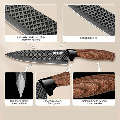 Knife Set, 6 Pieces Kitchen knife Set with Healthy Anti-Rust Coating, Stainless Steel Professional Chef Knife Sets with Elegant Box, Kitchen Knives with Scissors & Peeler for Cooking, Dishwasher Safe