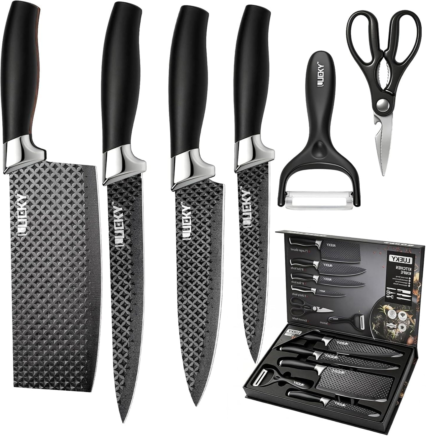 Knife Set, 6 Pieces Kitchen knife Set with Healthy Anti-Rust Coating, Stainless Steel Professional Chef Knife Sets with Elegant Box, Kitchen Knives with Scissors & Peeler for Cooking, Dishwasher Safe