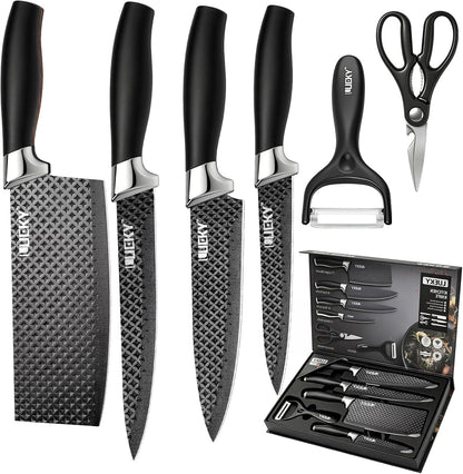 Knife Set, 6 Pieces Kitchen knife Set with Healthy Anti-Rust Coating, Stainless Steel Professional Chef Knife Sets with Elegant Box, Kitchen Knives with Scissors & Peeler for Cooking, Dishwasher Safe