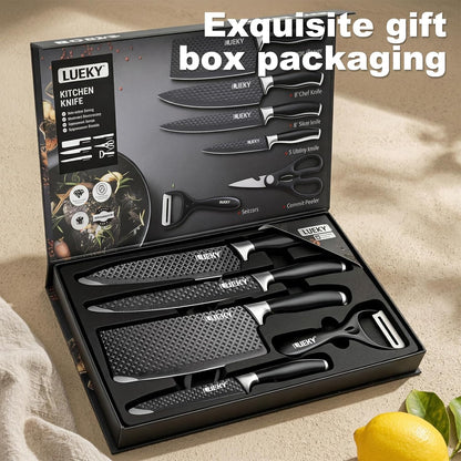 Knife Set, 6 Pieces Kitchen knife Set with Healthy Anti-Rust Coating, Stainless Steel Professional Chef Knife Sets with Elegant Box, Kitchen Knives with Scissors & Peeler for Cooking, Dishwasher Safe