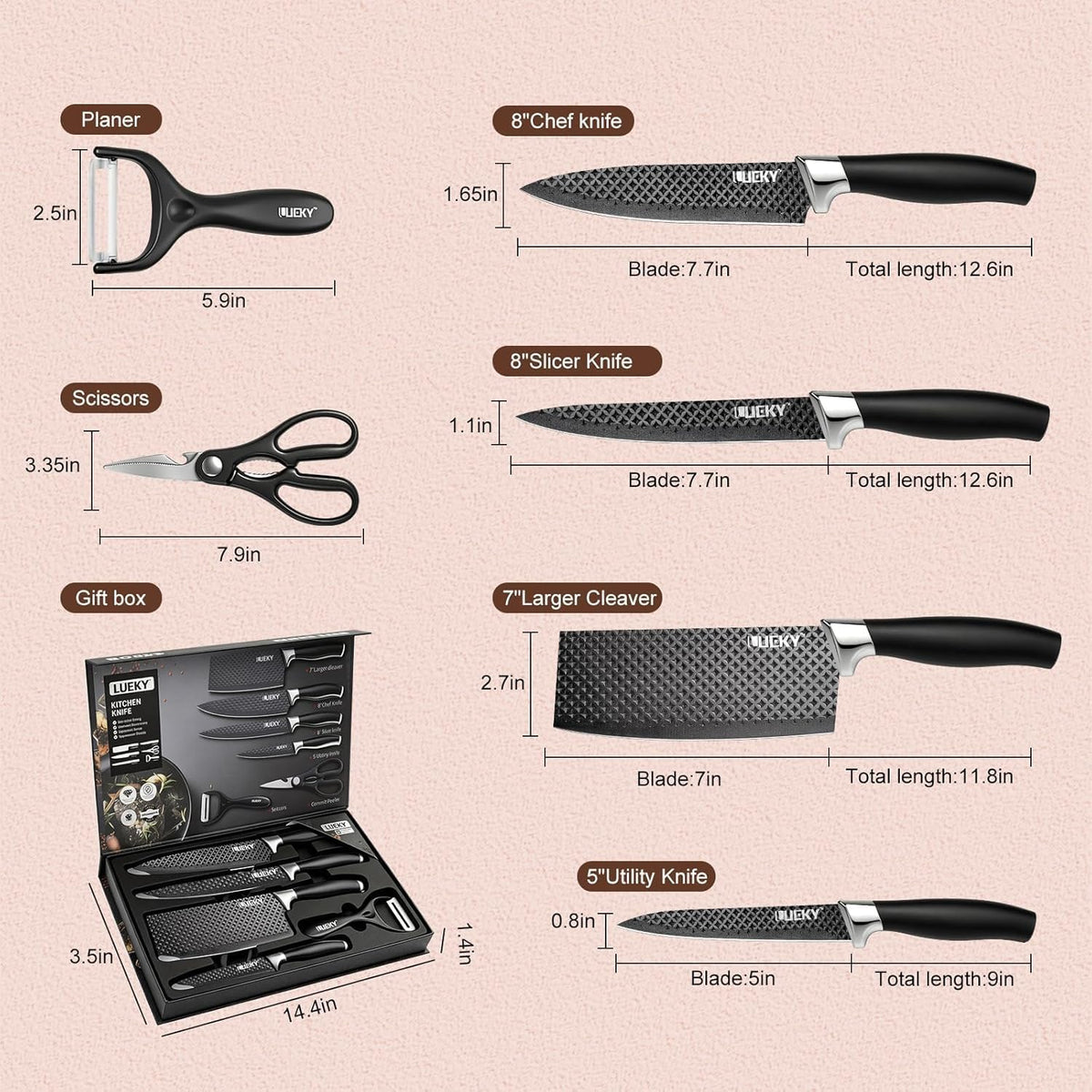 Knife Set, 6 Pieces Kitchen knife Set with Healthy Anti-Rust Coating, Stainless Steel Professional Chef Knife Sets with Elegant Box, Kitchen Knives with Scissors & Peeler for Cooking, Dishwasher Safe