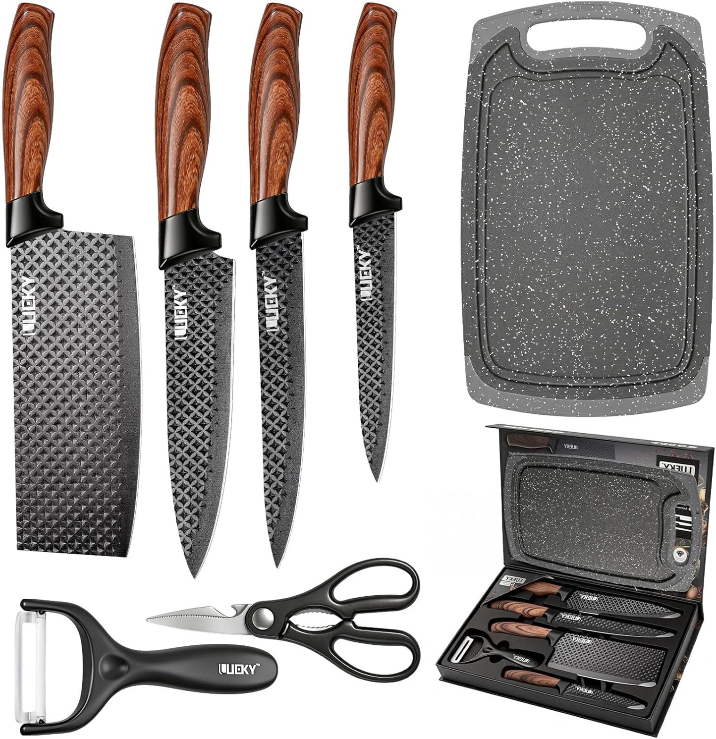 Knife Set, 6 Pieces Kitchen knife Set with Healthy Anti-Rust Coating, Stainless Steel Professional Chef Knife Sets with Elegant Box, Kitchen Knives with Scissors & Peeler for Cooking, Dishwasher Safe