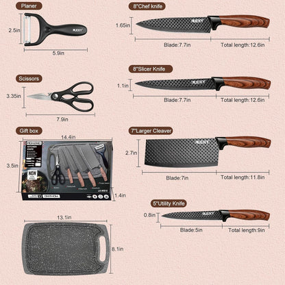 Knife Set, 6 Pieces Kitchen knife Set with Healthy Anti-Rust Coating, Stainless Steel Professional Chef Knife Sets with Elegant Box, Kitchen Knives with Scissors & Peeler for Cooking, Dishwasher Safe