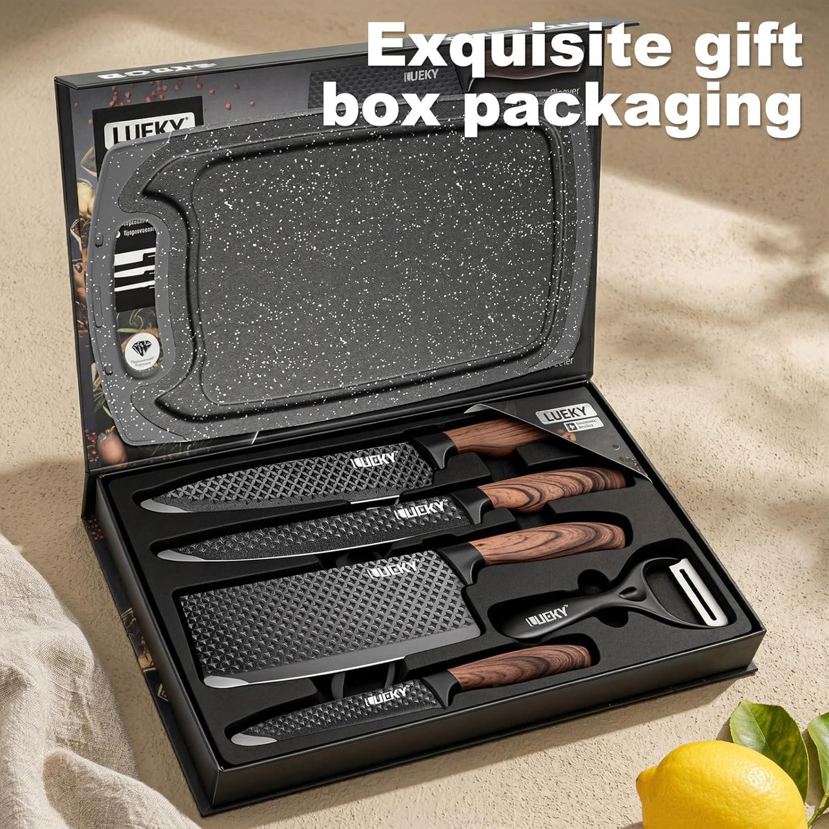 Knife Set, 6 Pieces Kitchen knife Set with Healthy Anti-Rust Coating, Stainless Steel Professional Chef Knife Sets with Elegant Box, Kitchen Knives with Scissors & Peeler for Cooking, Dishwasher Safe