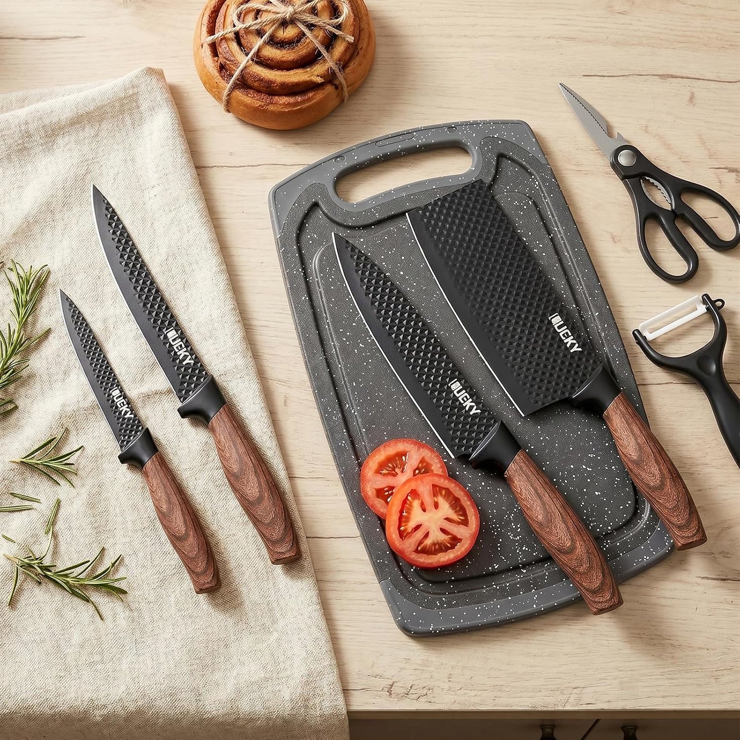 Knife Set, 6 Pieces Kitchen knife Set with Healthy Anti-Rust Coating, Stainless Steel Professional Chef Knife Sets with Elegant Box, Kitchen Knives with Scissors & Peeler for Cooking, Dishwasher Safe