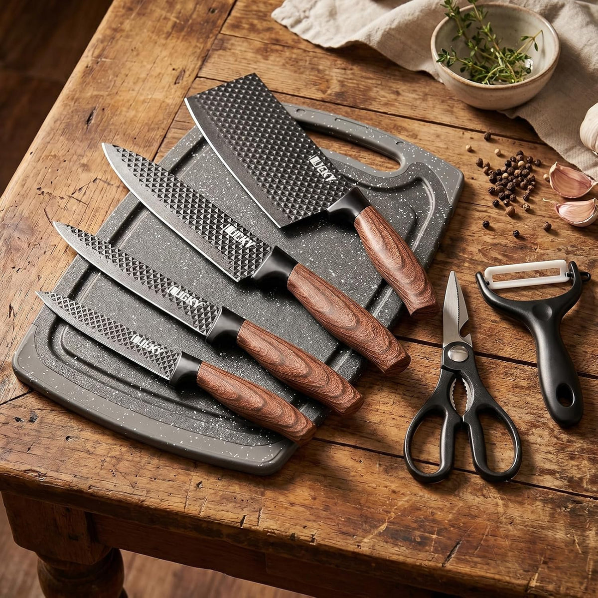 Knife Set, 6 Pieces Kitchen knife Set with Healthy Anti-Rust Coating, Stainless Steel Professional Chef Knife Sets with Elegant Box, Kitchen Knives with Scissors & Peeler for Cooking, Dishwasher Safe