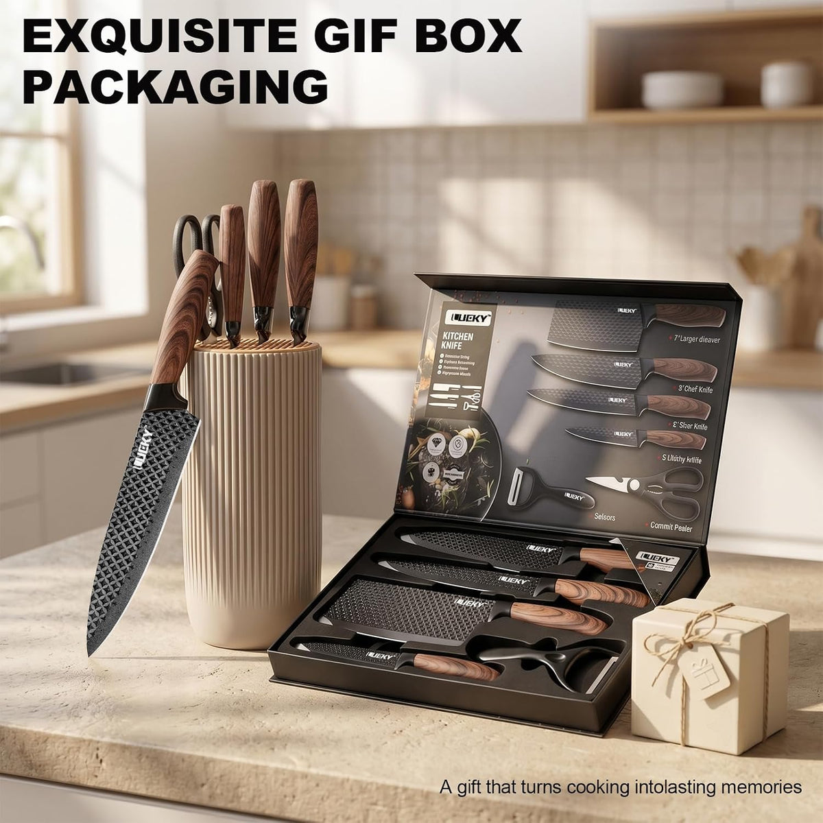 Knife Set, 6 Pieces Kitchen knife Set with Healthy Anti-Rust Coating, Stainless Steel Professional Chef Knife Sets with Elegant Box, Kitchen Knives with Scissors & Peeler for Cooking, Dishwasher Safe