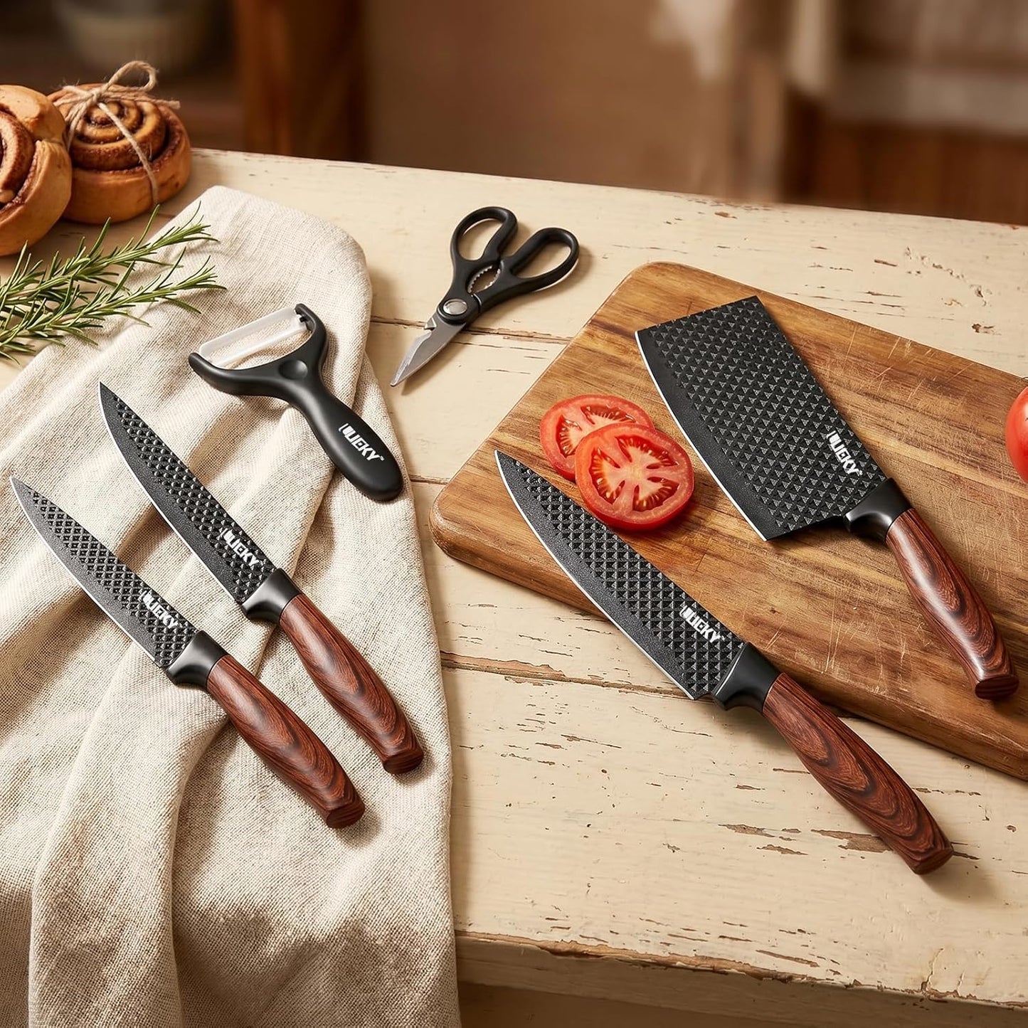 Knife Set, 6 Pieces Kitchen knife Set with Healthy Anti-Rust Coating, Stainless Steel Professional Chef Knife Sets with Elegant Box, Kitchen Knives with Scissors & Peeler for Cooking, Dishwasher Safe
