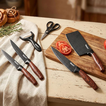 Knife Set, 6 Pieces Kitchen knife Set with Healthy Anti-Rust Coating, Stainless Steel Professional Chef Knife Sets with Elegant Box, Kitchen Knives with Scissors & Peeler for Cooking, Dishwasher Safe