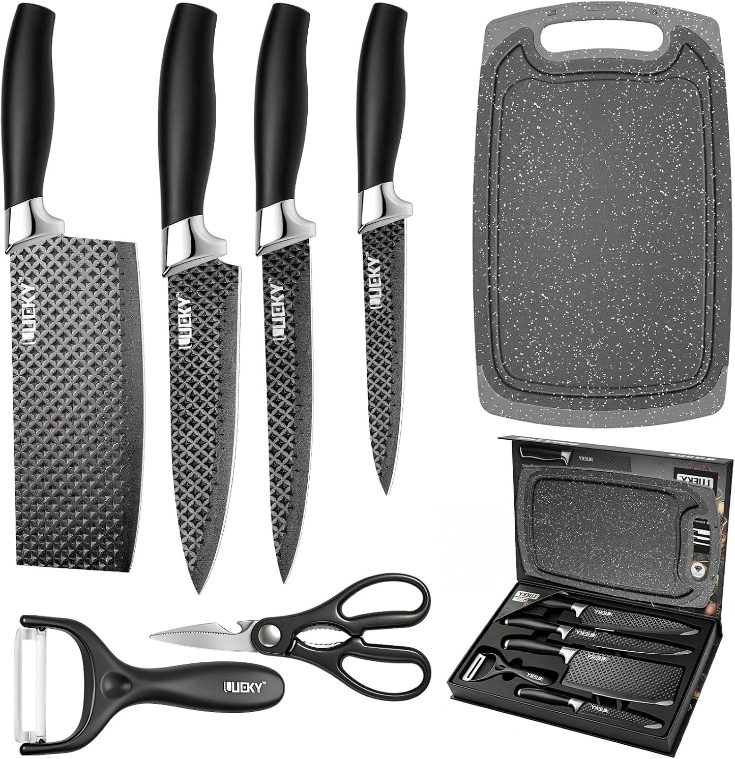 Knife Set, 6 Pieces Kitchen knife Set with Healthy Anti-Rust Coating, Stainless Steel Professional Chef Knife Sets with Elegant Box, Kitchen Knives with Scissors & Peeler for Cooking, Dishwasher Safe