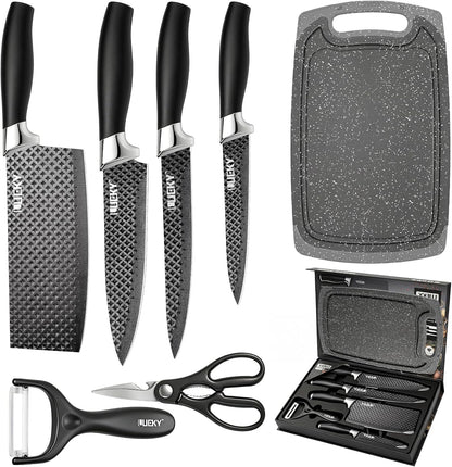 Knife Set, 6 Pieces Kitchen knife Set with Healthy Anti-Rust Coating, Stainless Steel Professional Chef Knife Sets with Elegant Box, Kitchen Knives with Scissors & Peeler for Cooking, Dishwasher Safe