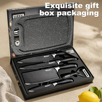 Knife Set, 6 Pieces Kitchen knife Set with Healthy Anti-Rust Coating, Stainless Steel Professional Chef Knife Sets with Elegant Box, Kitchen Knives with Scissors & Peeler for Cooking, Dishwasher Safe